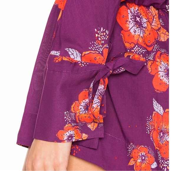 Free People Tropical Floral Print Faux Wrap Tie Sleeve Purple Peplum Blouse - Picture 4 of 15